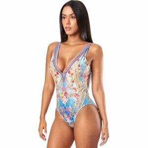 La Moda by True Colors Queen's Garden Plunging V-Neck One-Piece Swimsuit